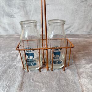 Vintage Style Brookside Farm Dairy Sweet Cream Glass Bottles Wire Carrier Set